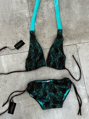 Teal  & Brown Lace Two-Piece Bikini  Set